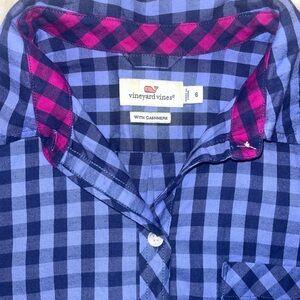 Vineyard Vines Women’s Blue and Pink Checkered Contrast Shirt Cashmere Cotton 6